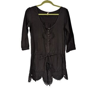 Rip‎ Curl Romper Crochet Trim 3/4 Sleeve Black Cotton Size M